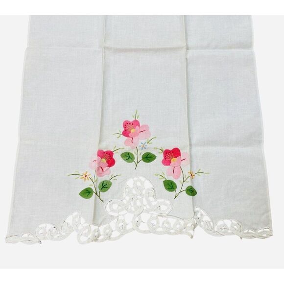 Vintage Pink Flower Linen Tea Towels Set 2 Lace Edge 22x14 Appliqué Embroidered - Picture 16 of 16